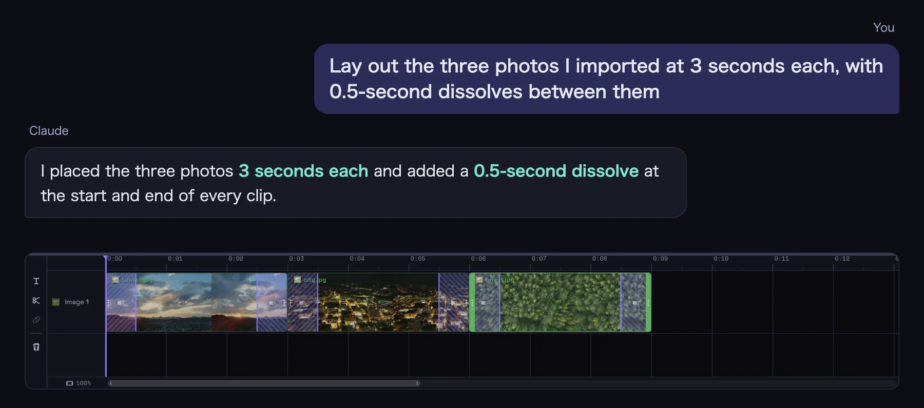 A chat asking Claude to lay out three photos at 3 seconds each with 0.5-second dissolves, and the resulting timeline: three photos three seconds apiece, each with striped bands marking a dissolve at its start and end